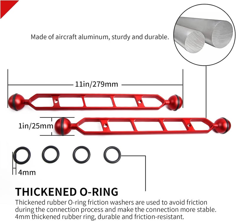 LetonPower Red 11" Double Ball Aluminum Alloy Extension Arm, 1" Ball Head Connector Underwater Arm for Strobe/Video Light/Diving Camera Tray, Waterproof and Rustproof (2pack) - Image 2